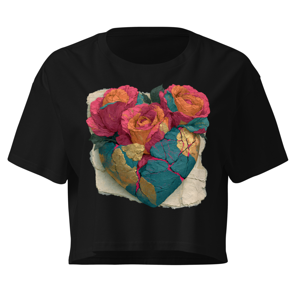 Bloom Wreck floral crop tee, black AS Colour 4062, front print