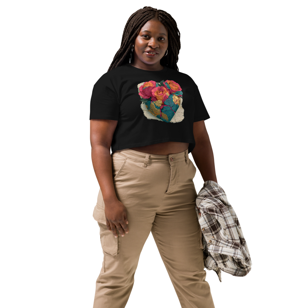 Bloom Wreck floral crop tee, black AS Colour 4062, front print