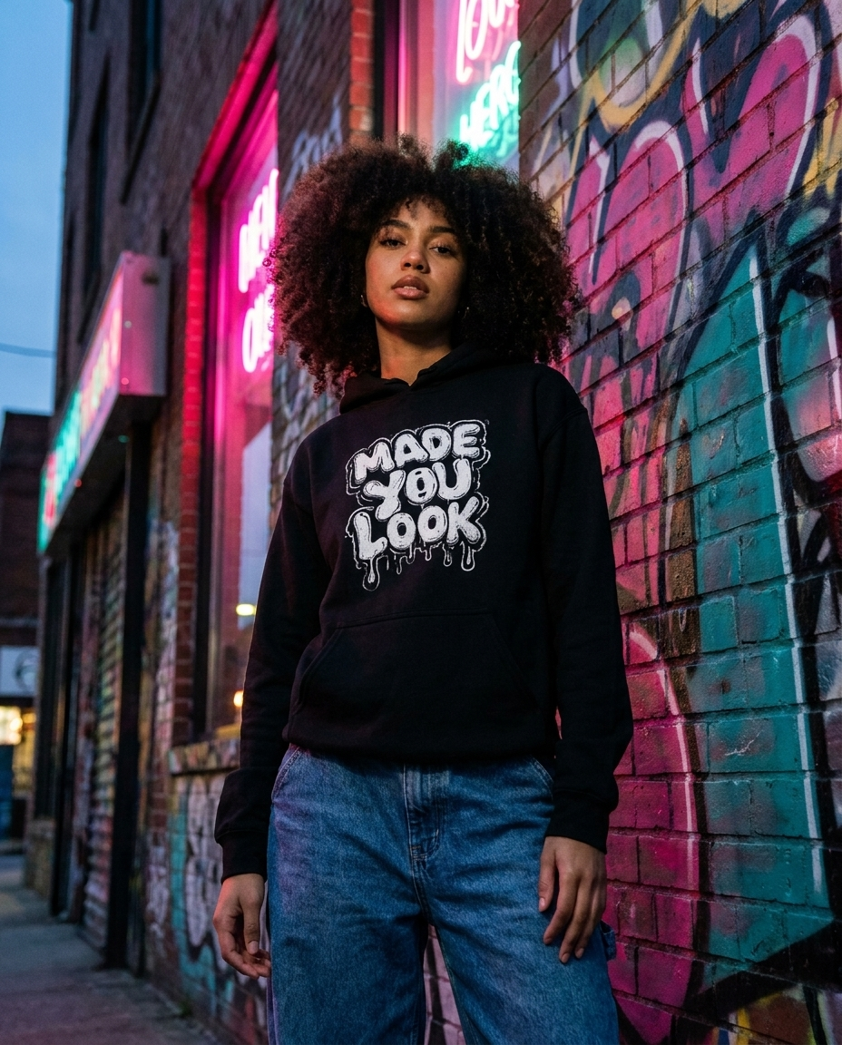 Made You Look hoodie — editorial model shot
