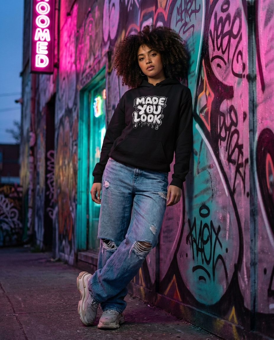 Made You Look hoodie — editorial model shot