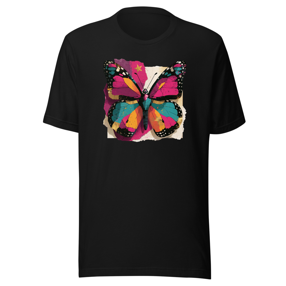 Wing Static butterfly graphic tee, black Bella + Canvas 3001, front print