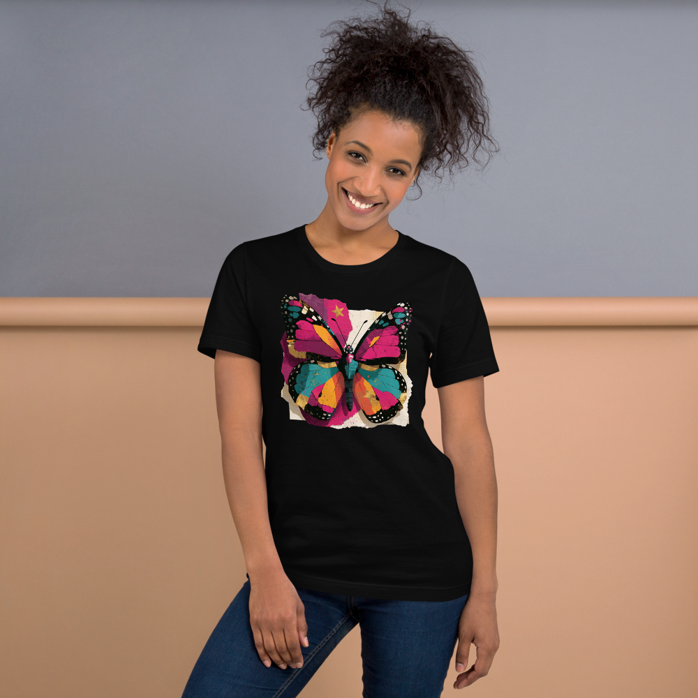 Wing Static butterfly graphic tee, black Bella + Canvas 3001, front print
